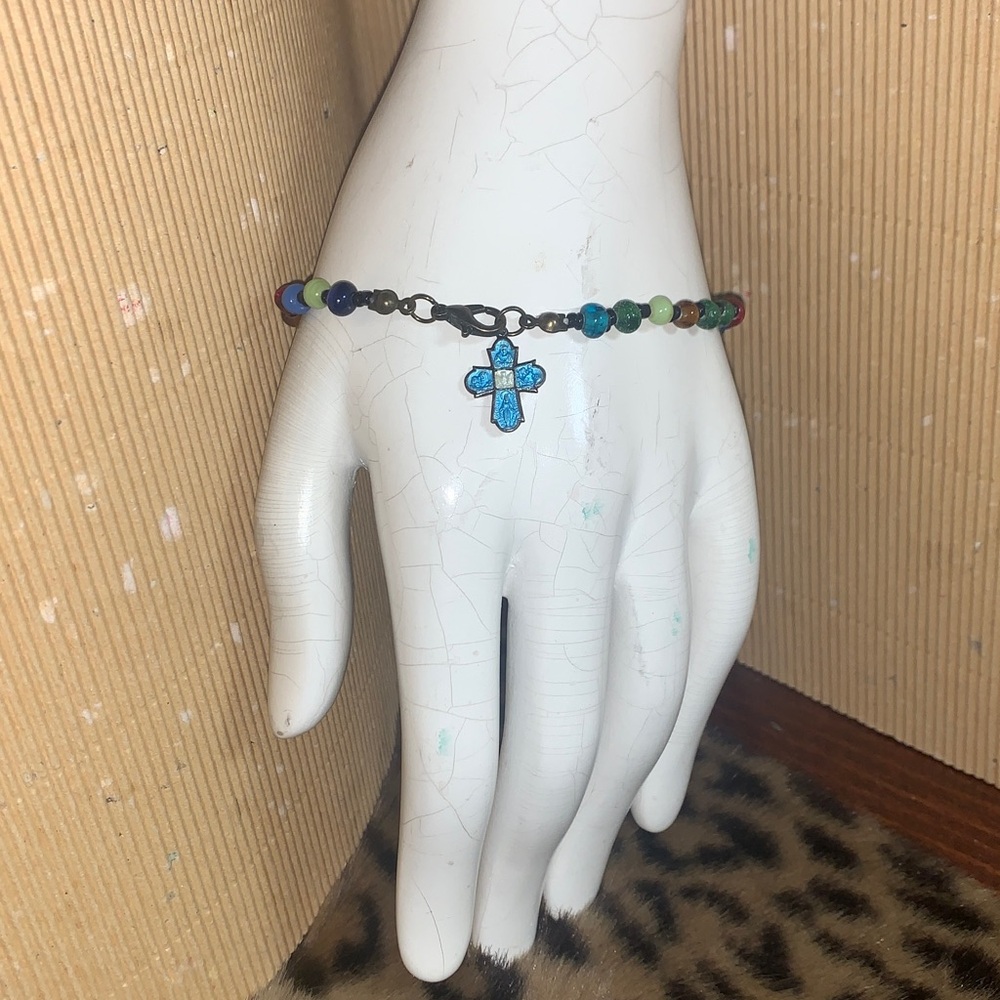Handmade Multicolor Beaded with Blue Cross Charm 7” - Picture 4 of 4